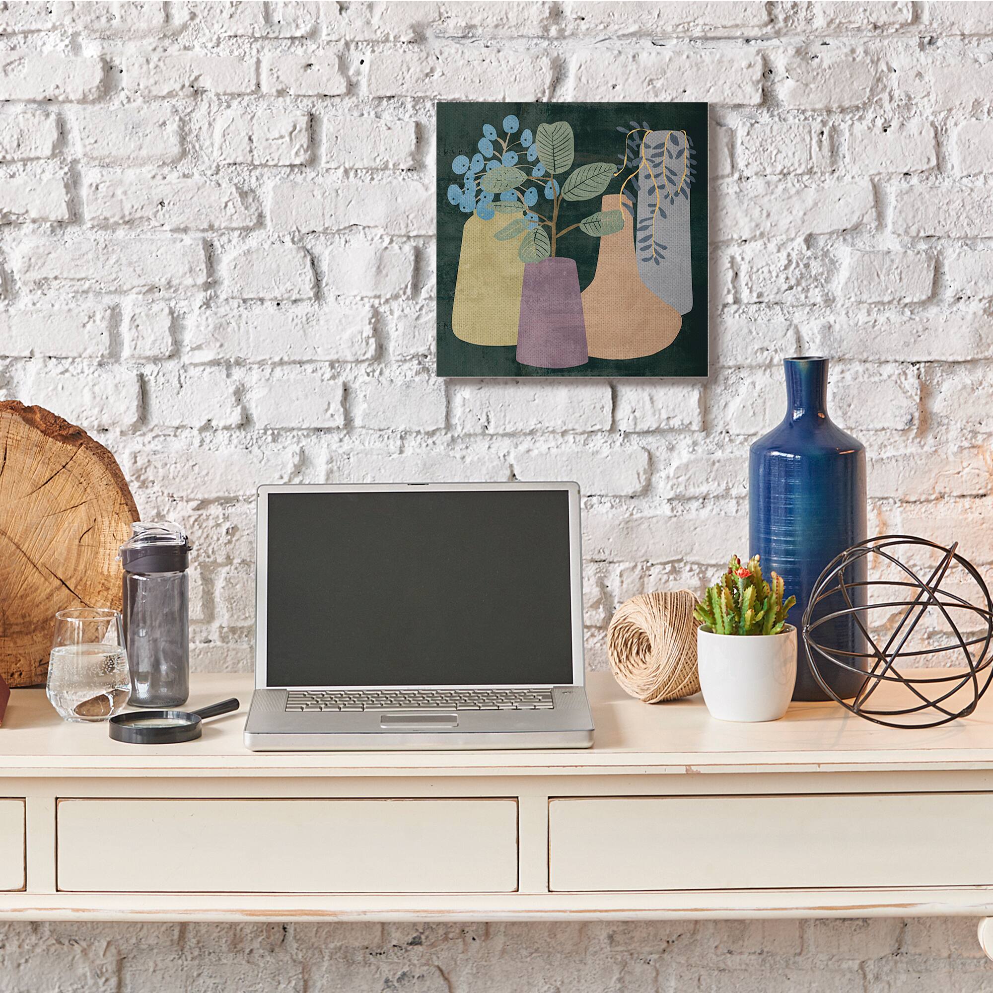 Stupell Industries Eucalyptus Plants in Decorative Vases over Black Canvas Wall Art